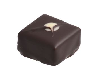 Čokoládově smetanová ganache se zeleným čajem a mangovým květem v hořké čokoládě