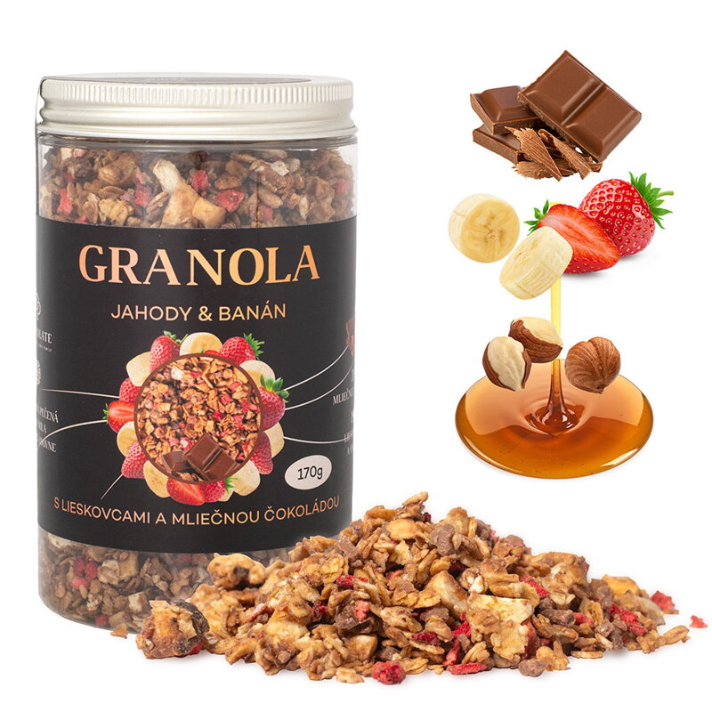 Granola Jahody & Banán s lieskovcami a mliečnou čokoládou (170g) Granola Jahody & Banán s lieskovcami a mliečnou čokoládou (170g)
