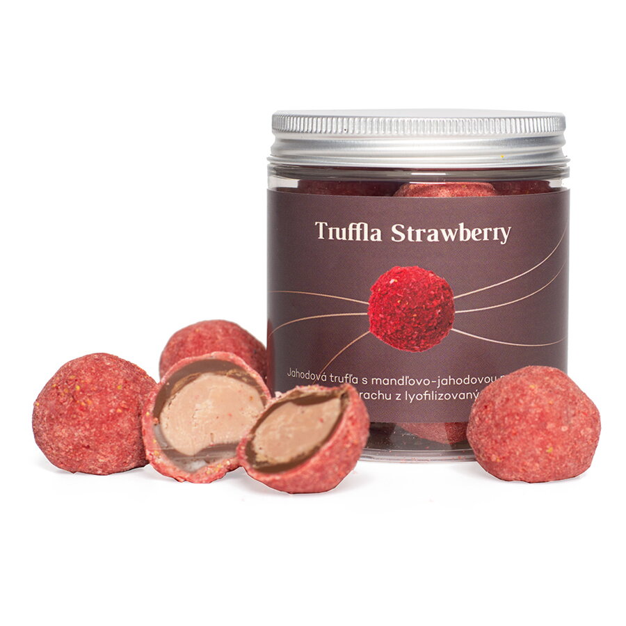 Jahodové trufle plnené mandľovo-jahodovou pralinkou (150g)