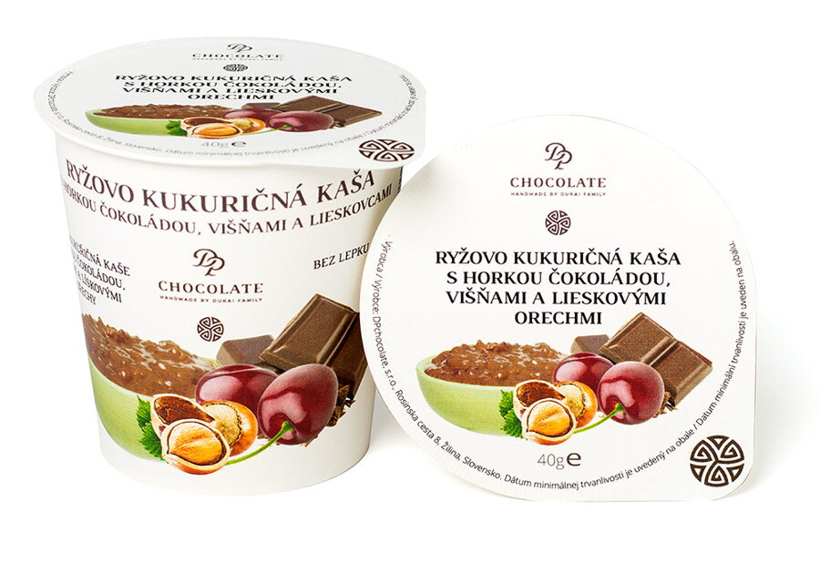 Rýžovo-kukuřičná kaše s hořkou čokoládou, višněmi a lískovci (40g)