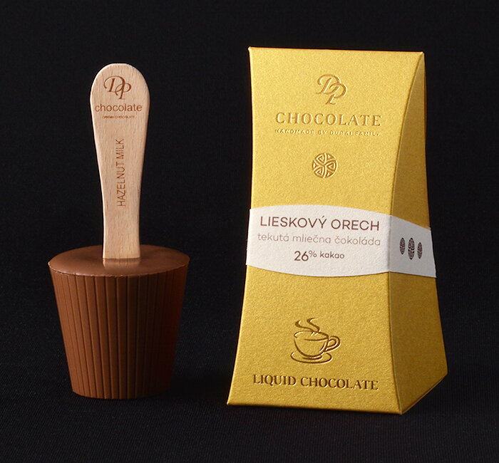 Tekutá čokoláda v krabičke Standard mliečna - lieskový orech 26% (40g) (balenie 5ks)