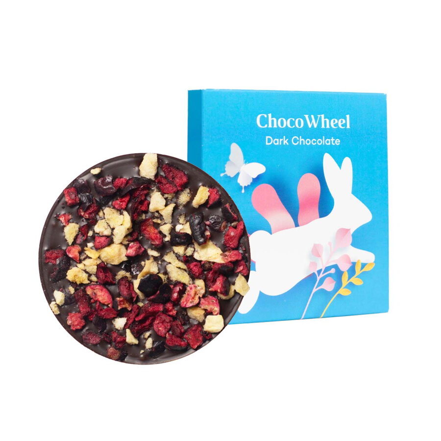 Velikonoce – ChocoWheel HOŘKÁ čokoláda s banánem a černým rybízem 20 g