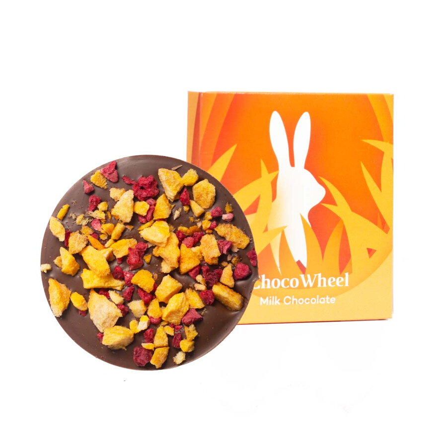 Velikonoce – ChocoWheel MLÉČNÁ čokoláda s mangem a malinami 20 g